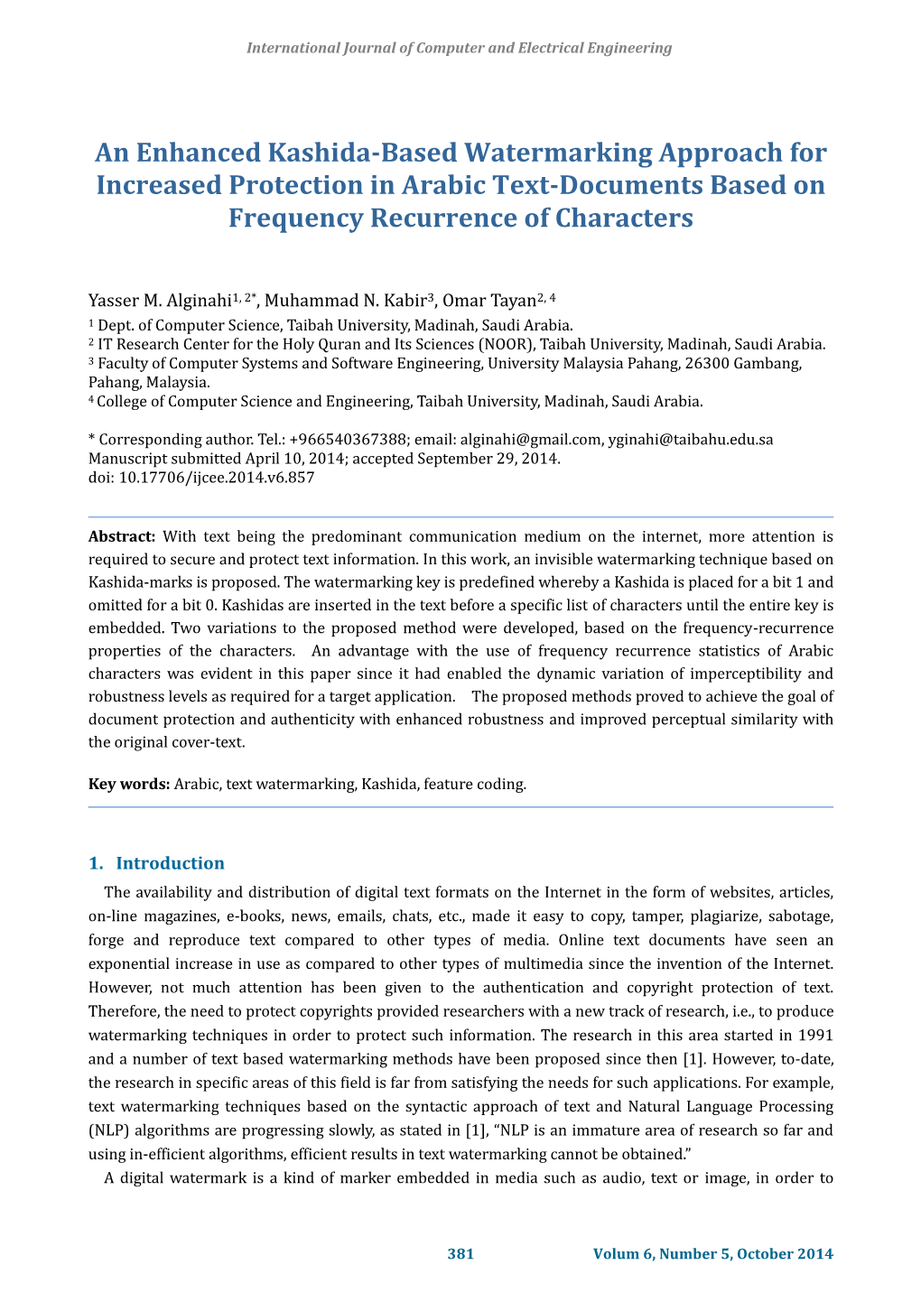 An Enhanced Kashida-Based Watermarking Approach for Increased Protection in Arabic Text-Documents Based on Frequency Recurrence of Characters