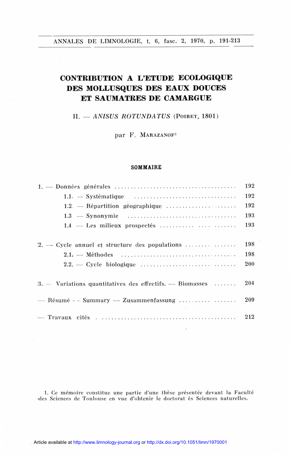 Etude Écologique Des Mollusques Des Eaux Douces Et Saumâtres De