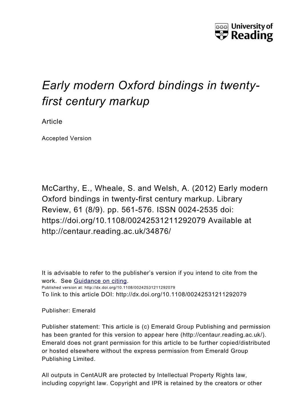 Early Modern Oxford Bindings in Twenty- First Century Markup