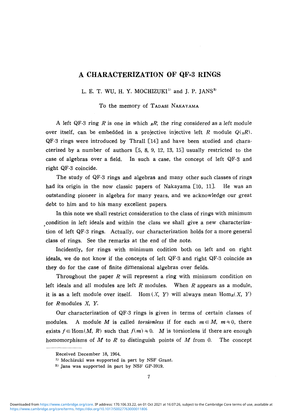 A Characterization of Qf-3 Rings