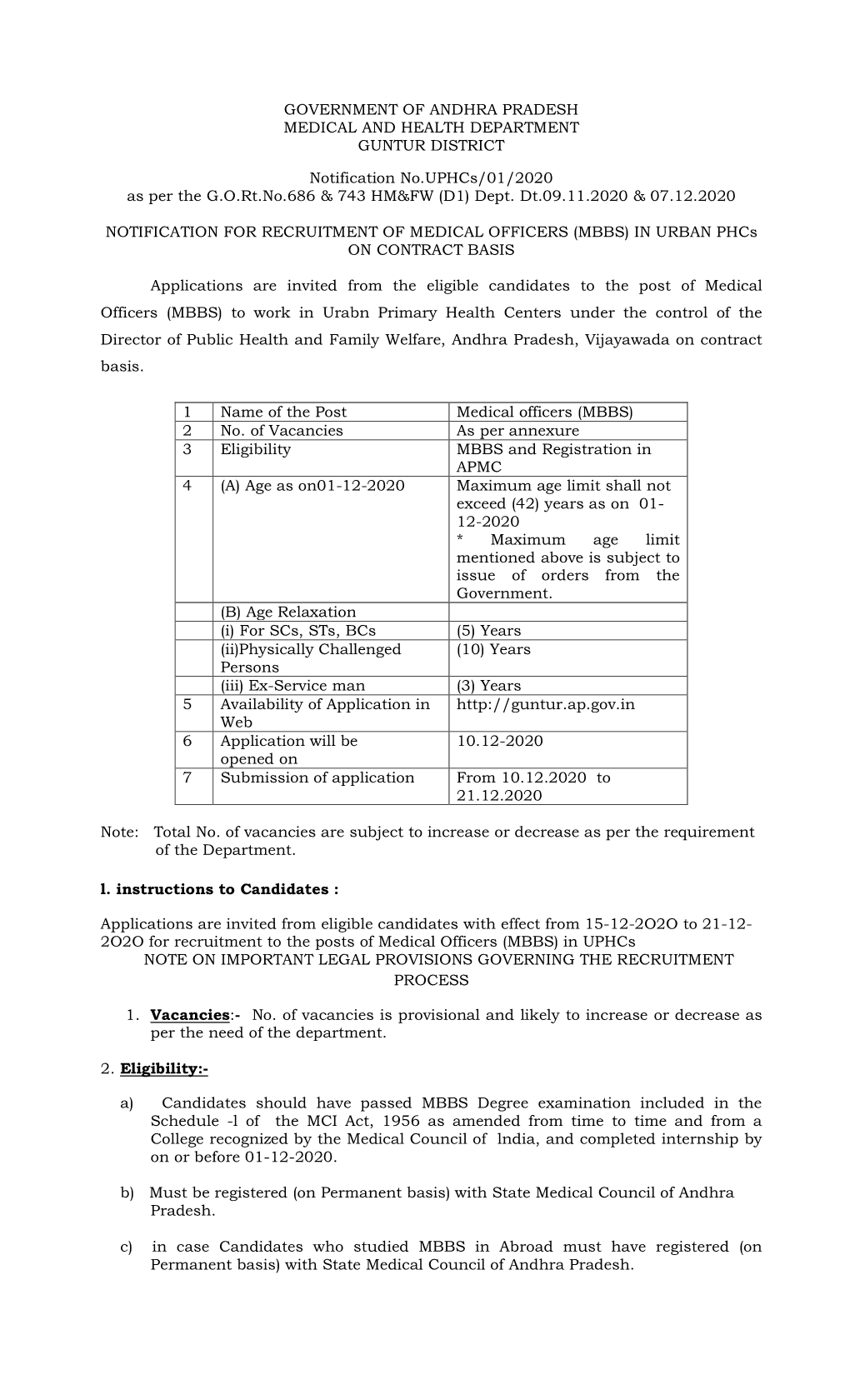Notification No.Uphcs/01/2020 As Per the G.O.Rt.No.686 & 743 HM&FW (D1) Dept