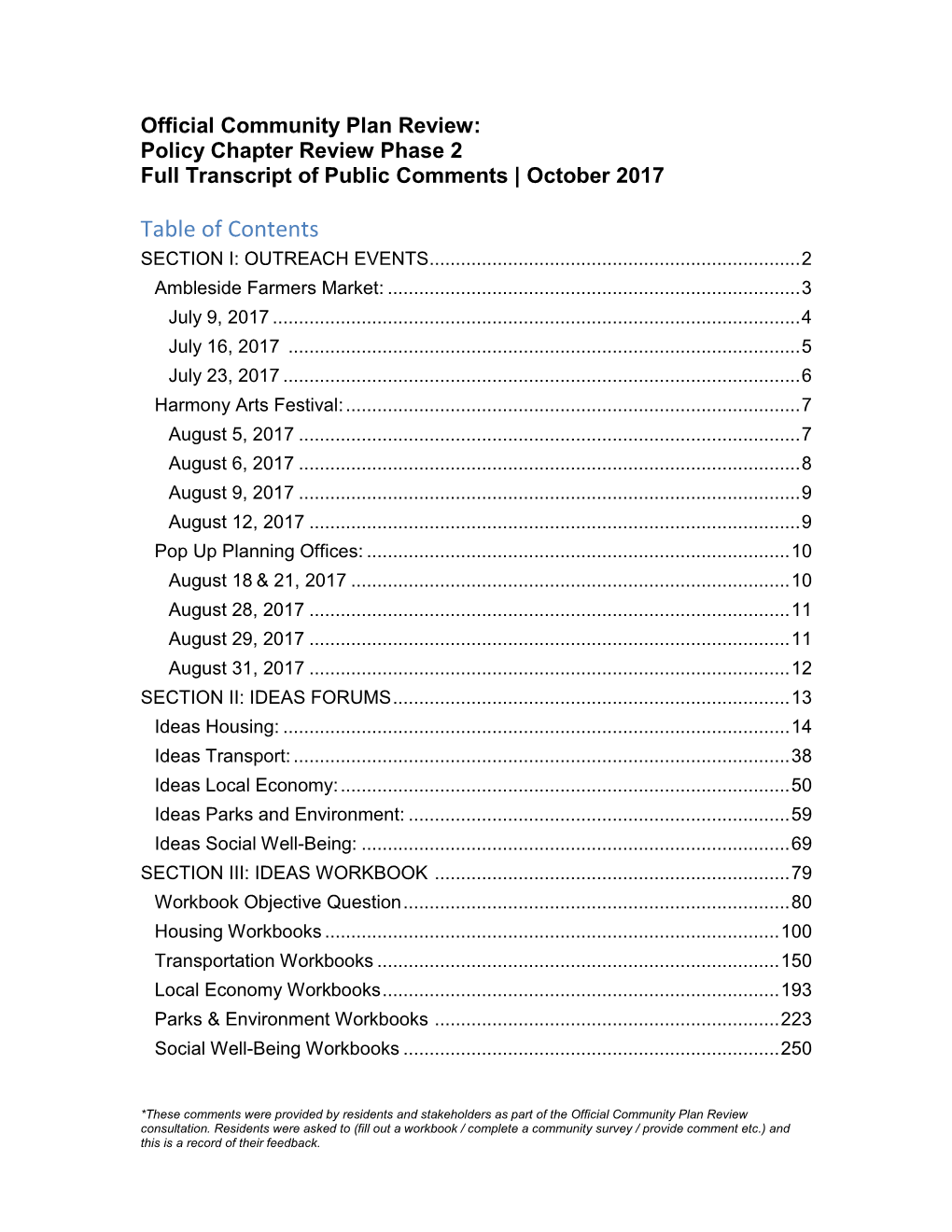 Table of Contents SECTION I: OUTREACH EVENTS