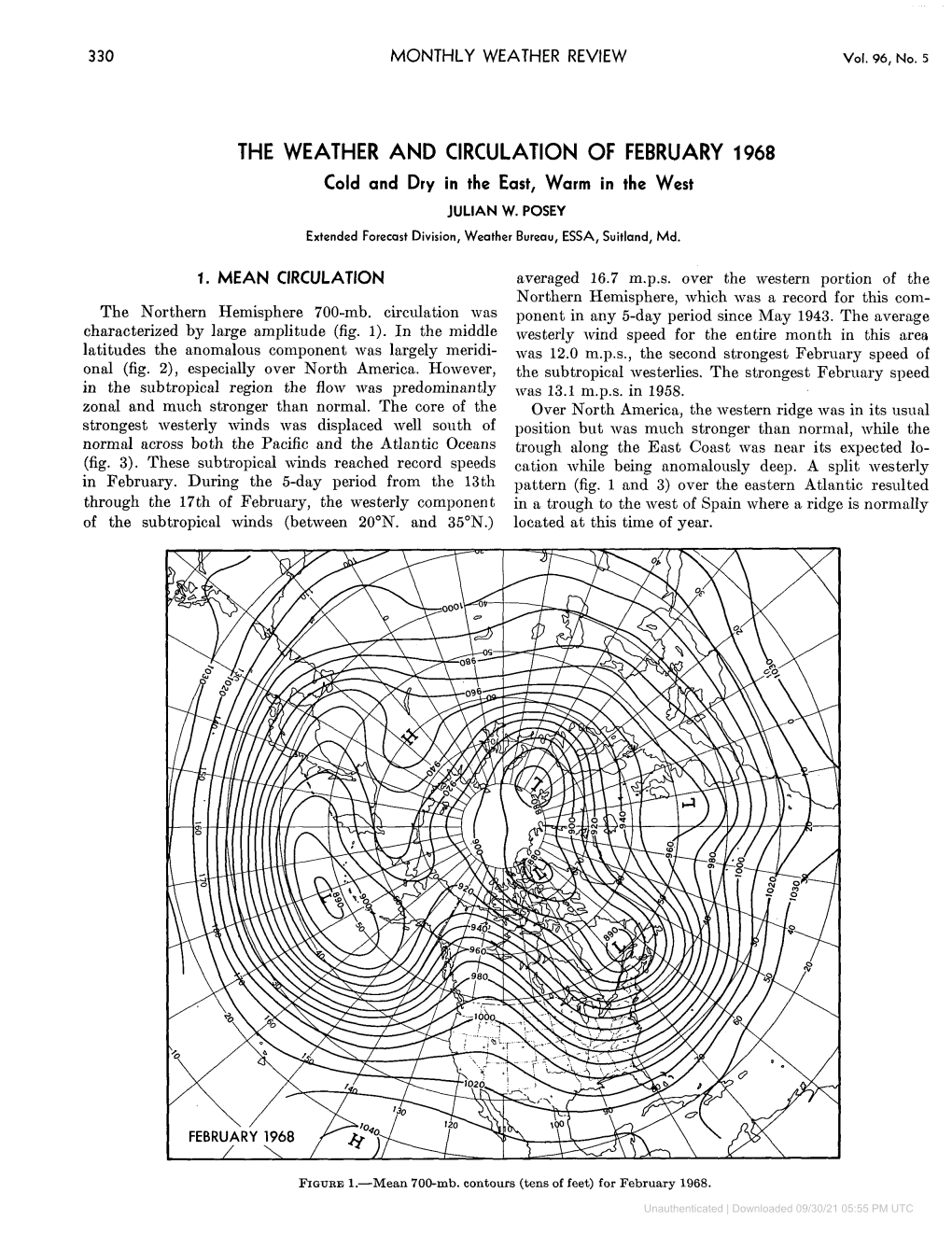 THE WEATHER and CIRCULATION of FEBRUARY 1968 Cold and Dry in the East, Warm in the West JULIAN W