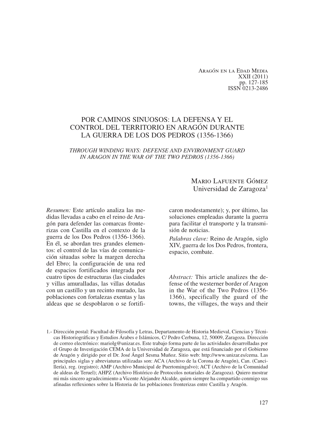 La Defensa Y El Control Del Territorio En Aragón Durante La Guerra De Los Dos Pedros (1356-1366)