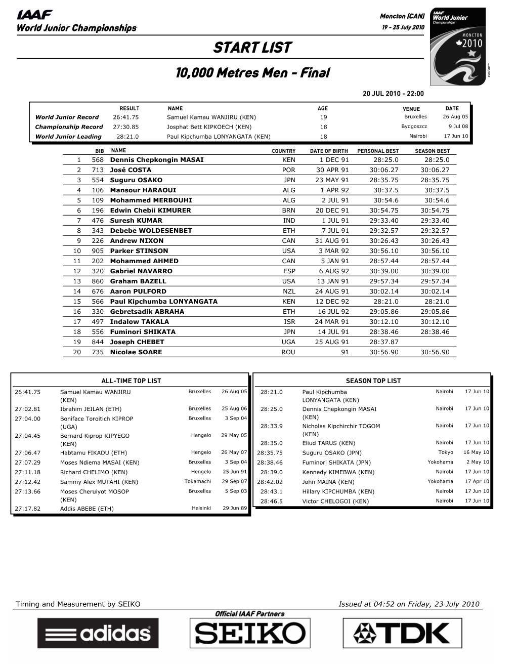 START LIST 10,000 Metres Men - Final