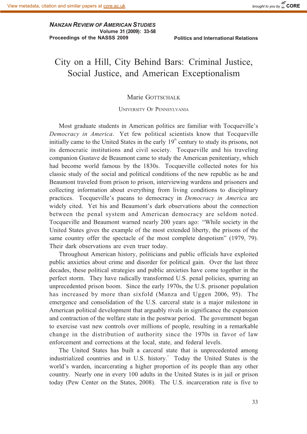 City on a Hill, City Behind Bars: Criminal Justice, Social Justice, and American Exceptionalism