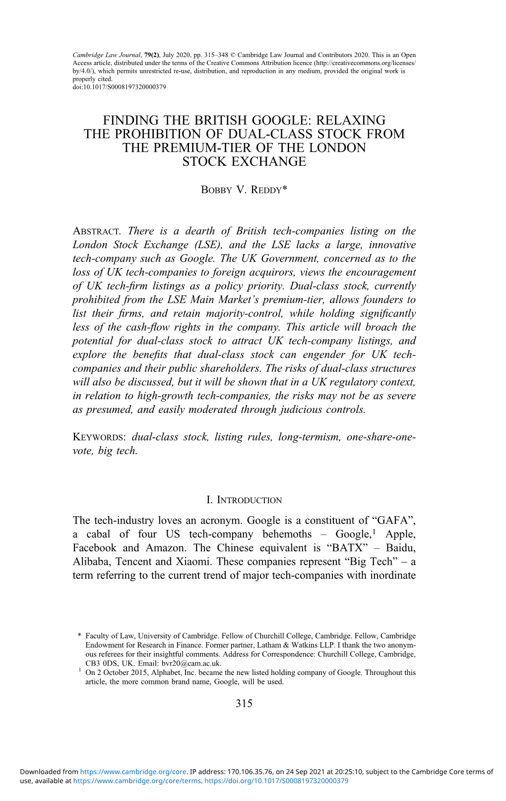 Finding the British Google: Relaxing the Prohibition of Dual-Class Stock from the Premium-Tier of the London Stock Exchange