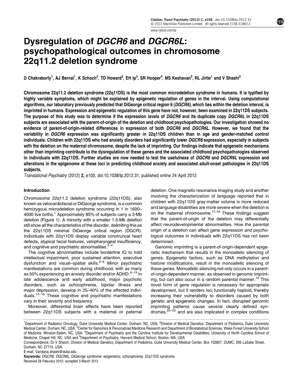 Dysregulation of DGCR6 and DGCR6L: Psychopathological Outcomes in Chromosome 22Q11.2 Deletion Syndrome