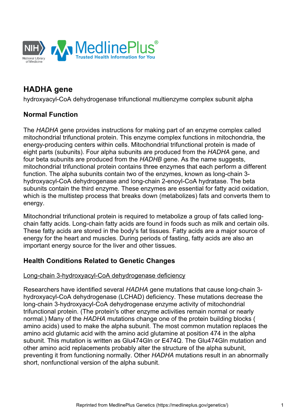 HADHA Gene Hydroxyacyl-Coa Dehydrogenase Trifunctional Multienzyme Complex Subunit Alpha