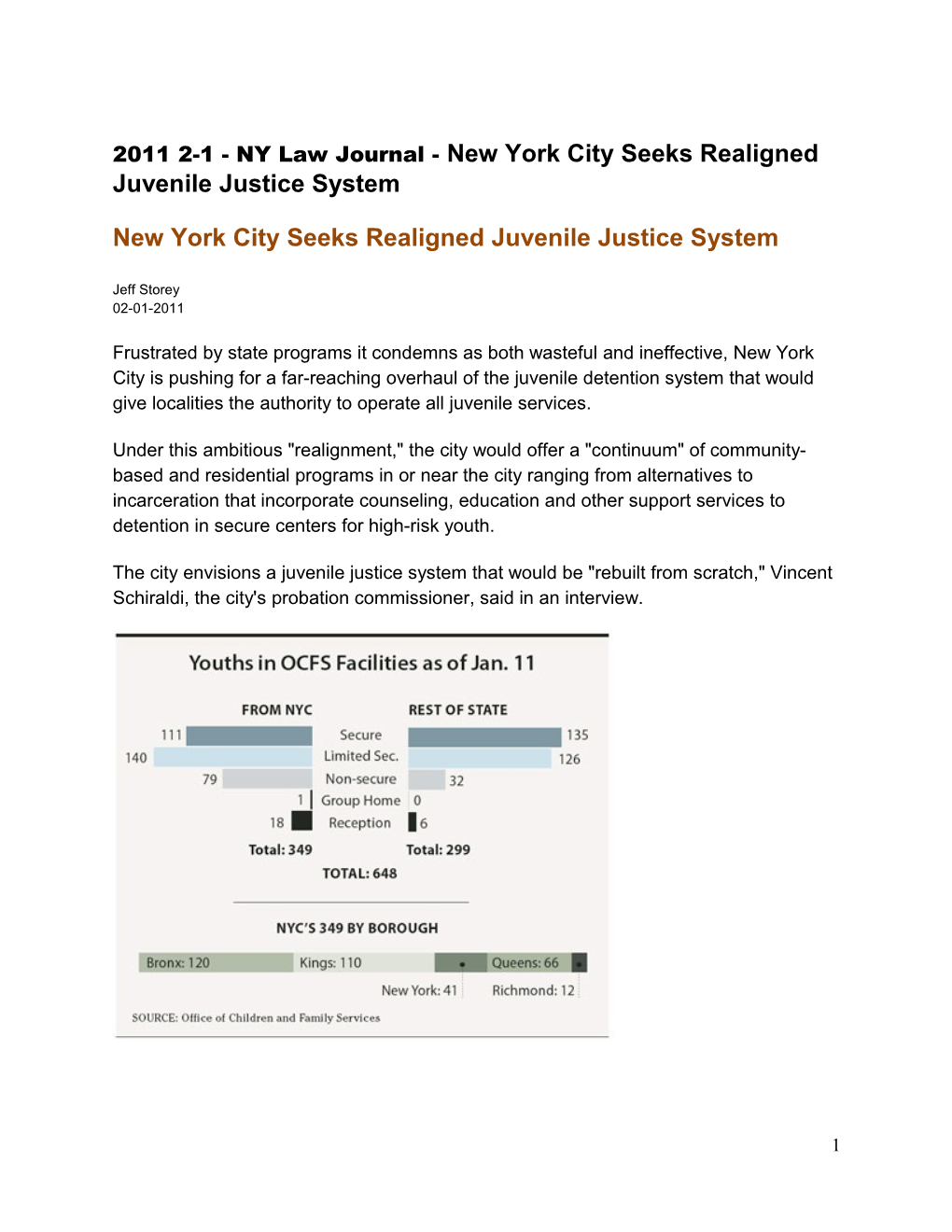 2011 2-1 - NY Law Journal - New York City Seeks Realigned Juvenile Justice System