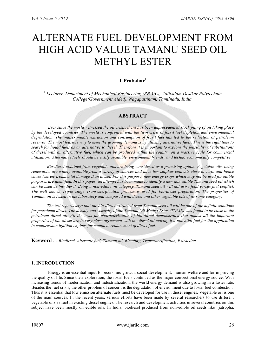 Alternate Fuel Development from High Acid Value Tamanu Seed Oil Methyl Ester