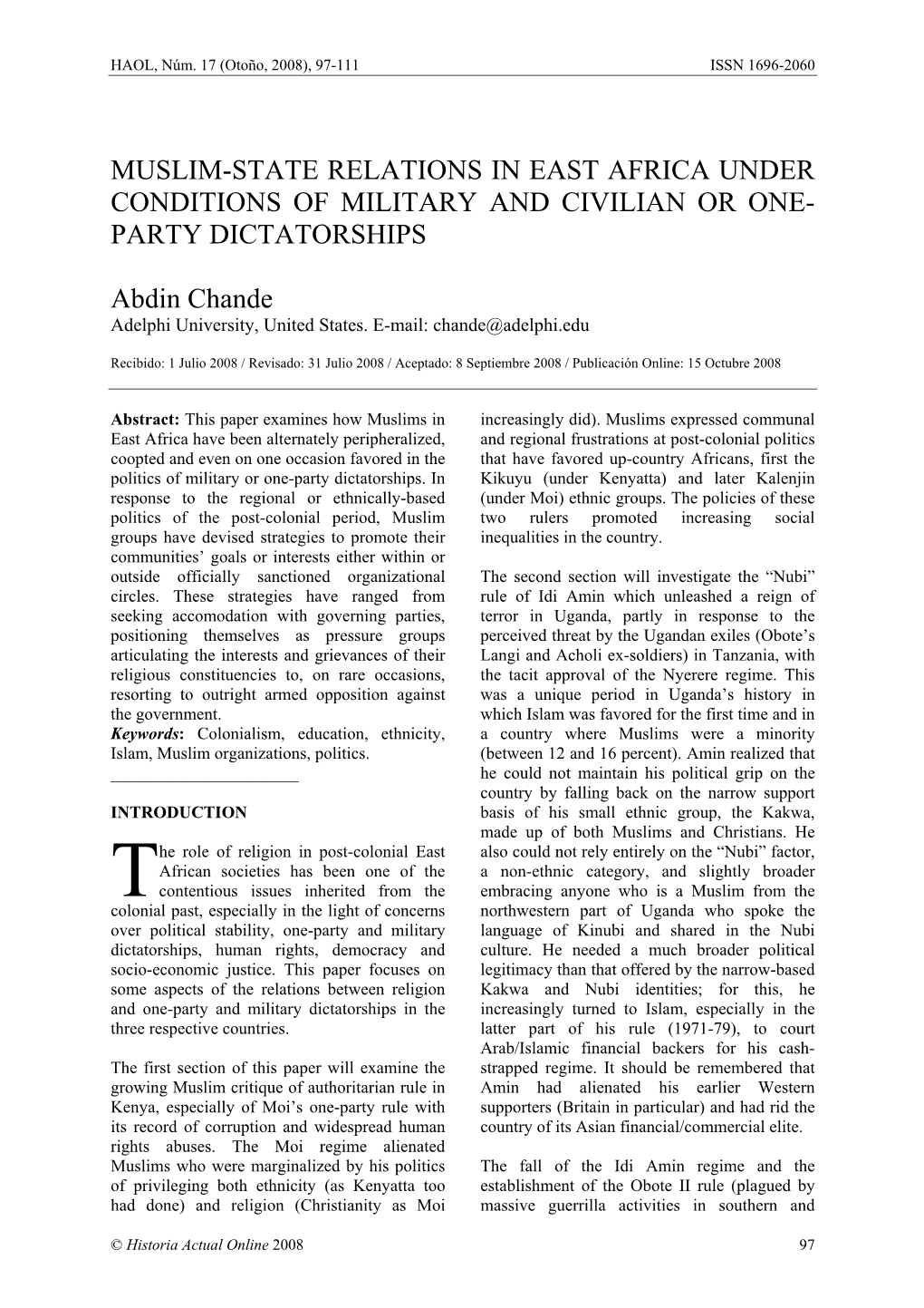 Muslim-State Relations in East Africa Under Conditions of Military and Civilian Or One- Party Dictatorships