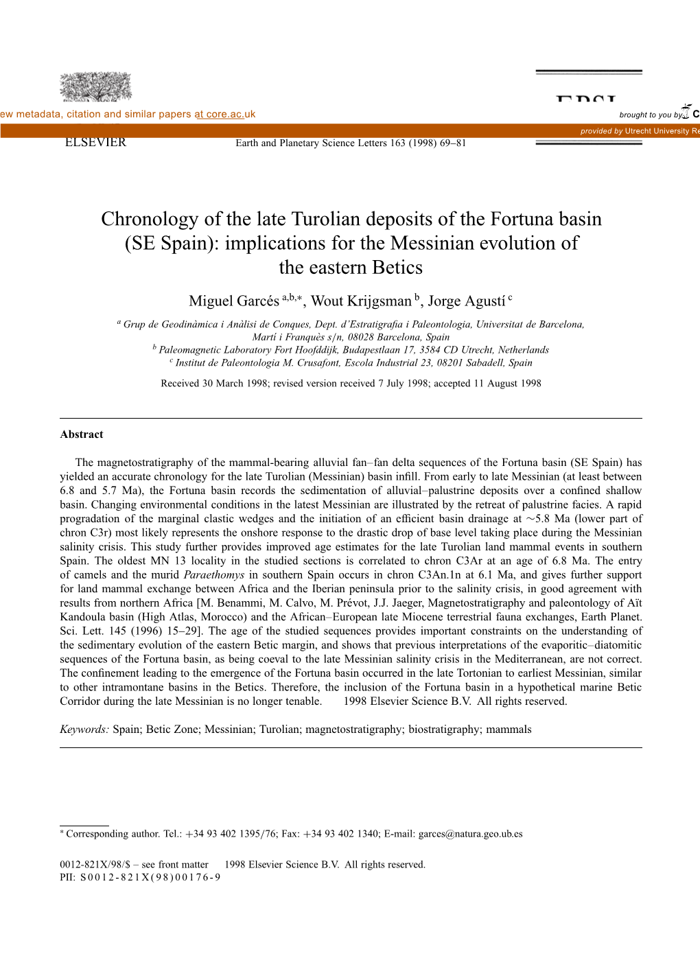 Chronology of the Late Turolian Deposits of the Fortuna Basin (SE Spain): Implications for the Messinian Evolution of the Eastern Betics