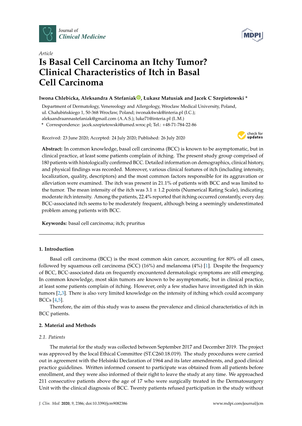 Is Basal Cell Carcinoma an Itchy Tumor? Clinical Characteristics of Itch in Basal Cell Carcinoma