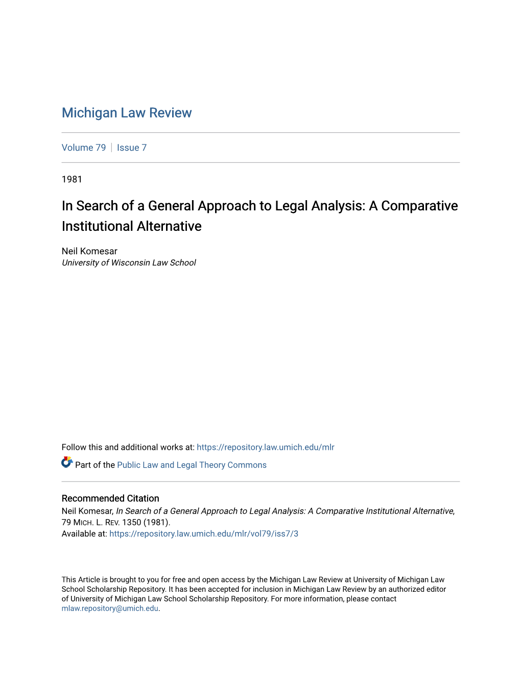 In Search of a General Approach to Legal Analysis: a Comparative Institutional Alternative