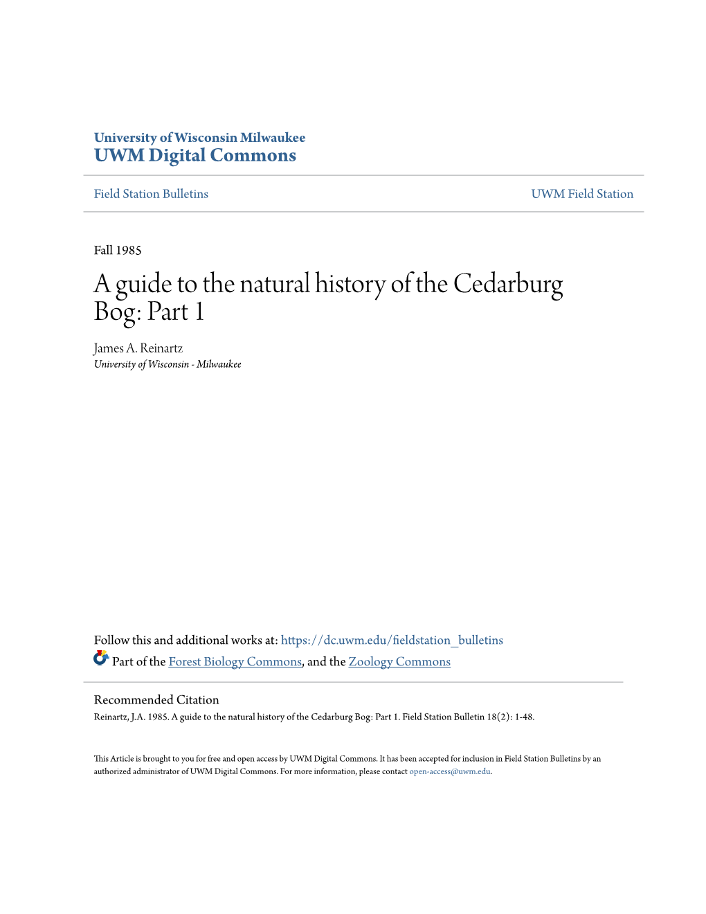 A Guide to the Natural History of the Cedarburg Bog: Part 1 James A