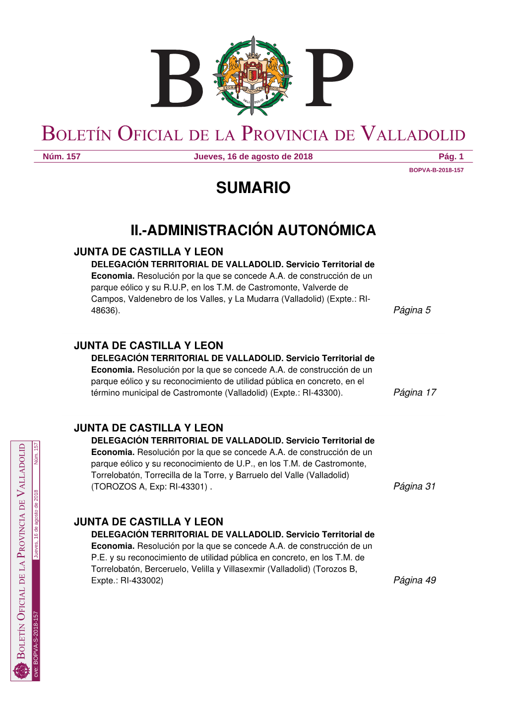 Sumario Boletín Oficial De La Provincia De Valladolid