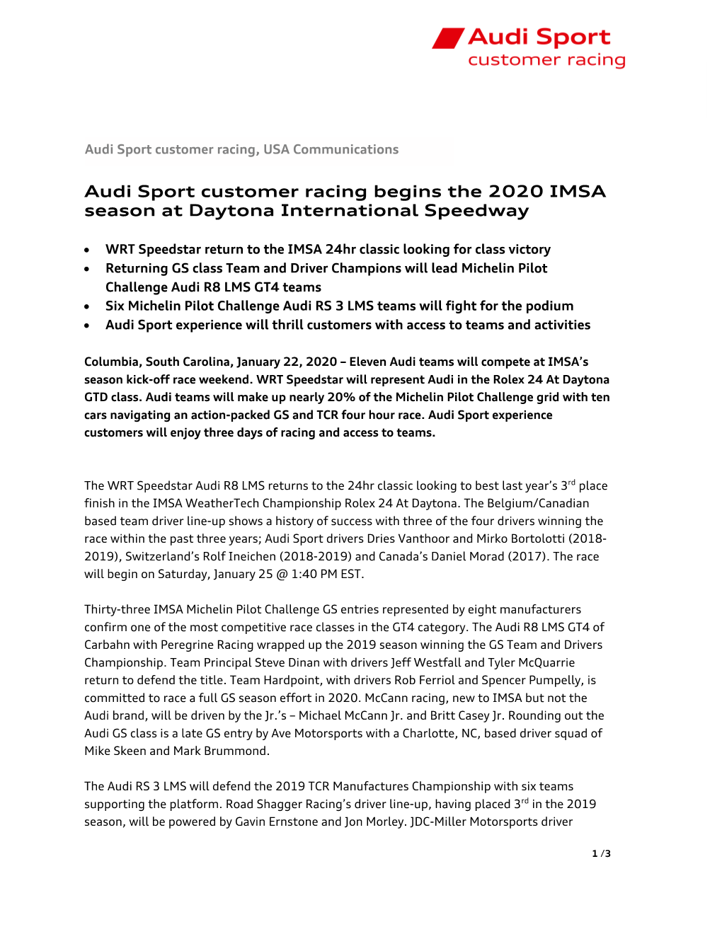 Audi Sport Customer Racing Begins the 2020 IMSA Season at Daytona International Speedway