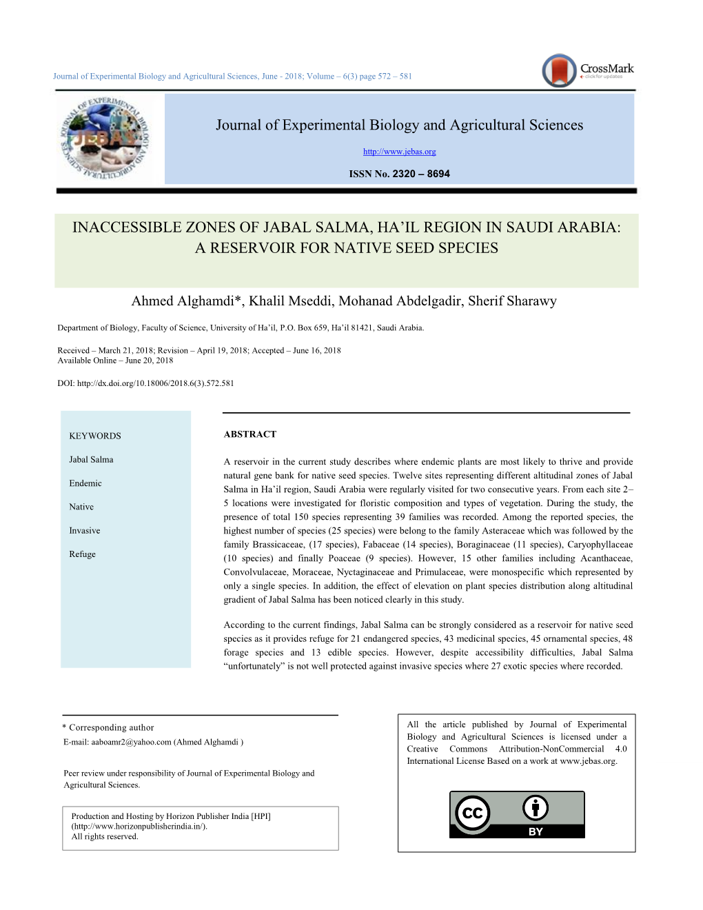 Journal of Experimental Biology and Agricultural Sciences, June - 2018; Volume – 6(3) Page 572 – 581