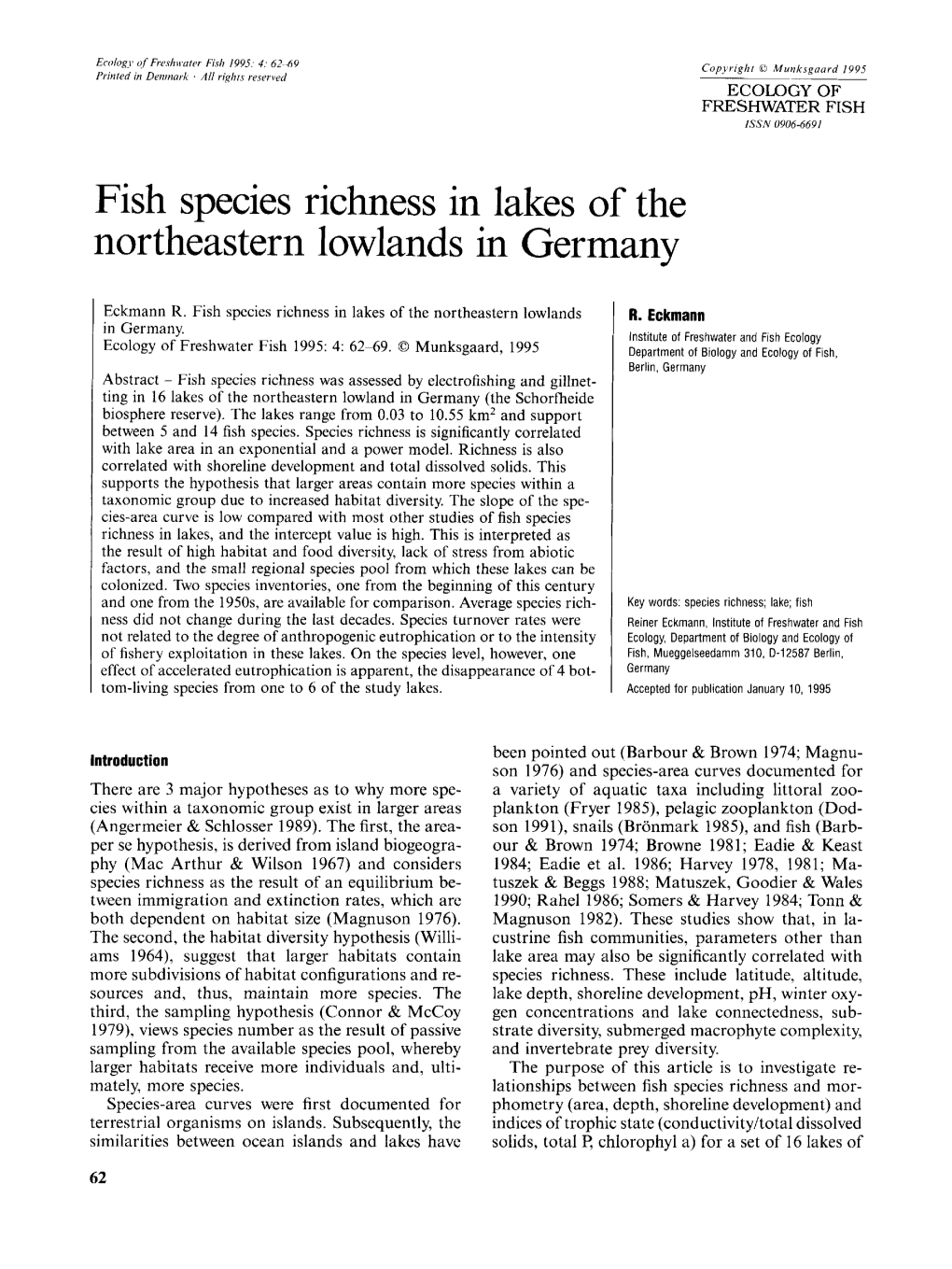 Fish Species Richness in Lakes of the Northeastern Lowlands in Germany