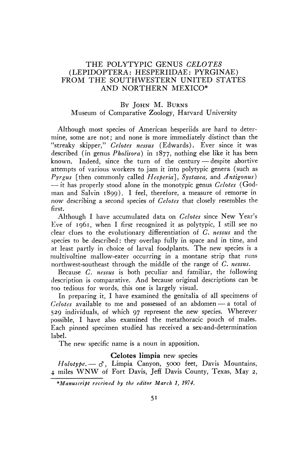 The Polytypic Genus Celote8 (Lepidoptera: Hesperiidae: Pyrginae) from the Southwestern United States and Northern Mexico* by John M