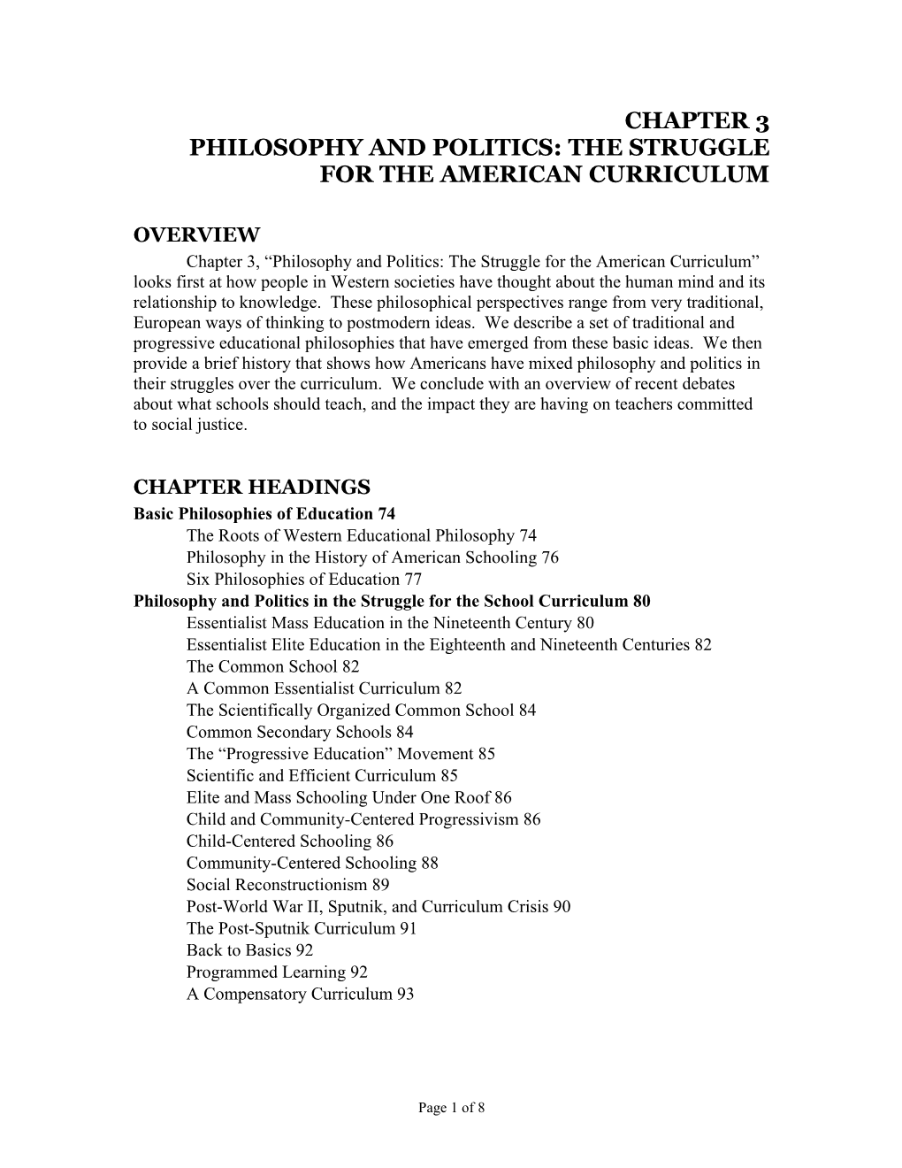 Philosophy and Politics: the Struggle for the American Curriculum