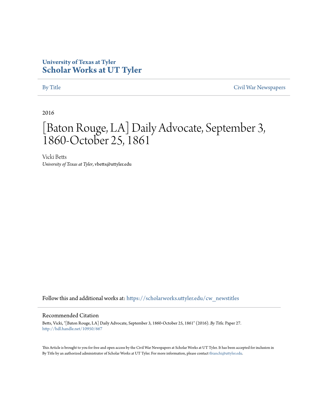 Baton Rouge, LA] Daily Advocate, September 3, 1860-October 25, 1861 Vicki Betts University of Texas at Tyler, Vbetts@Uttyler.Edu