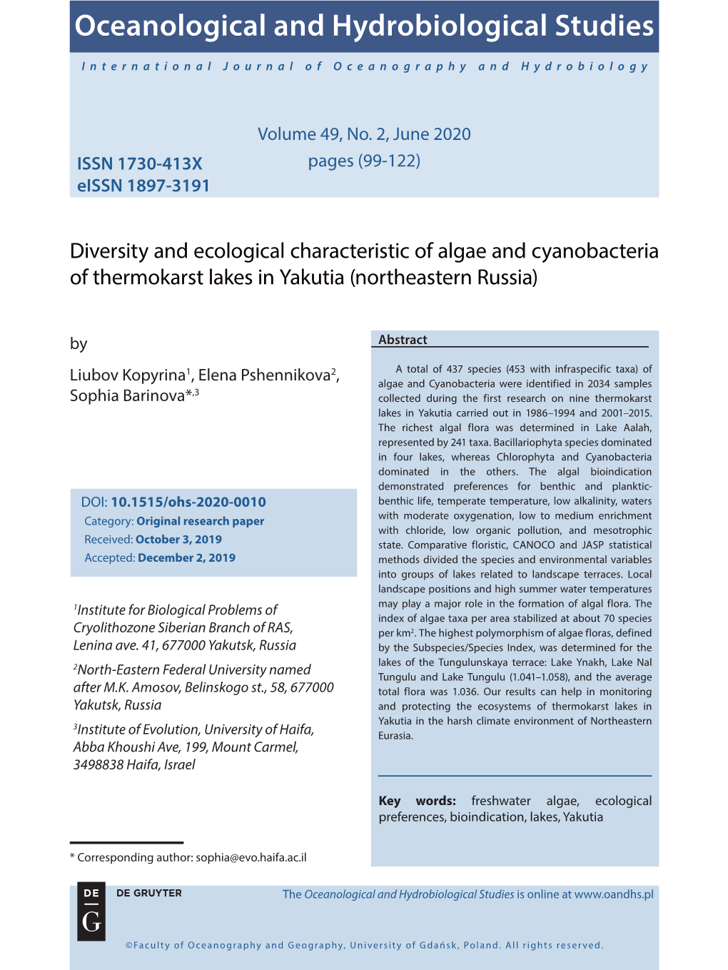 Diversity and Ecological Characteristic of Algae and Cyanobacteria of Thermokarst Lakes in Yakutia (Northeastern Russia) by Abstract
