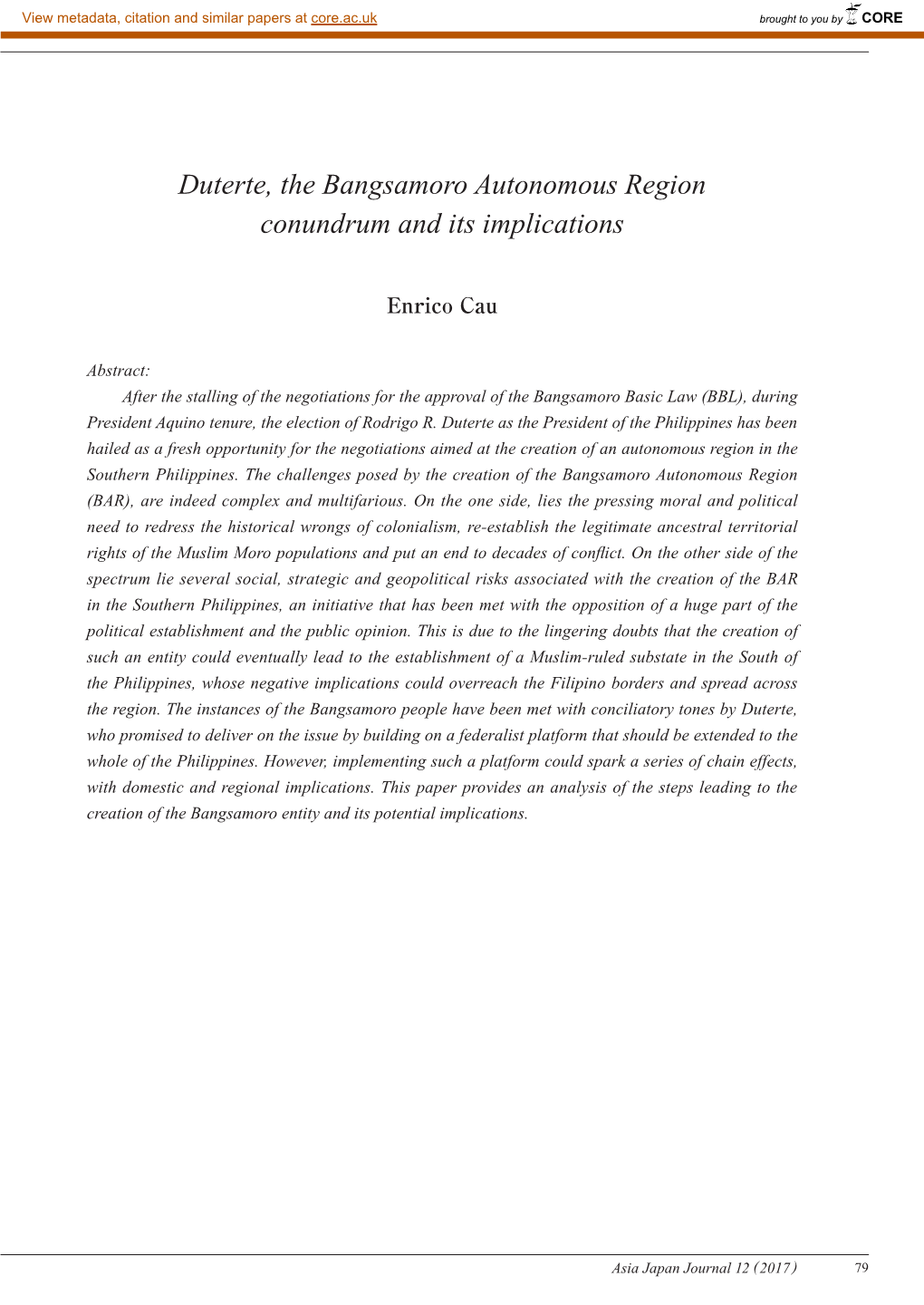 Duterte, the Bangsamoro Autonomous Region Conundrum and Its Implications