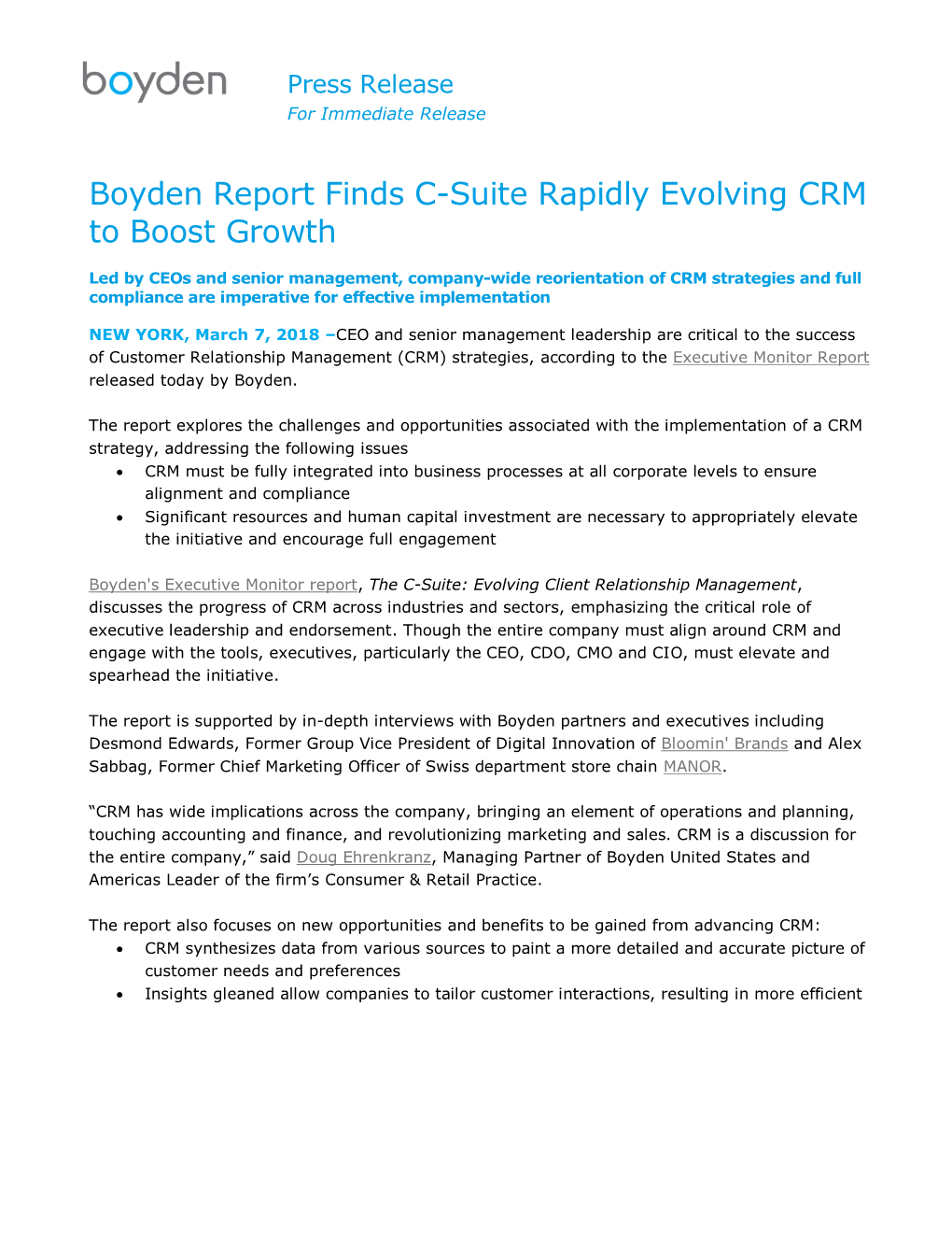 Boyden Report Finds C-Suite Rapidly Evolving CRM to Boost Growth