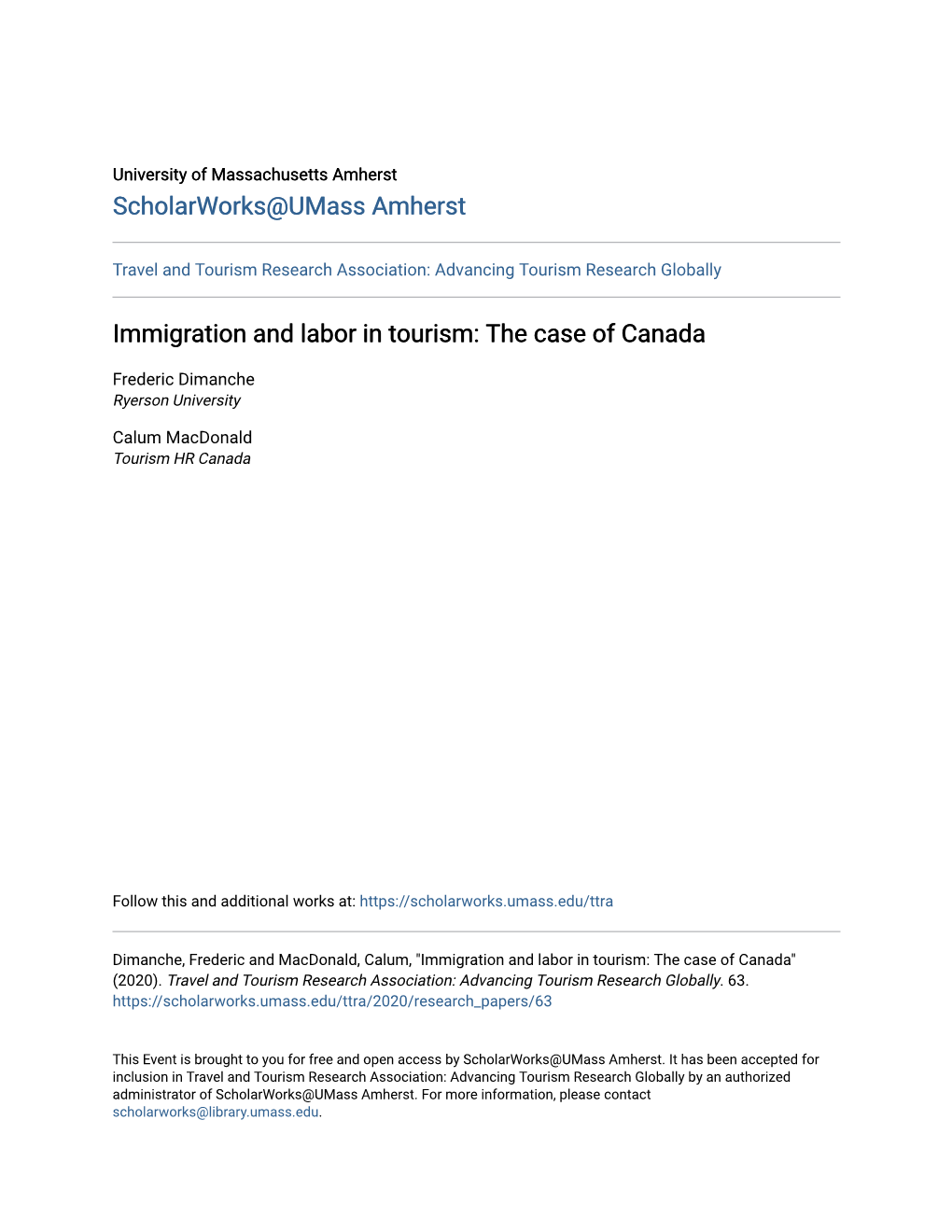 Immigration and Labor in Tourism: the Case of Canada