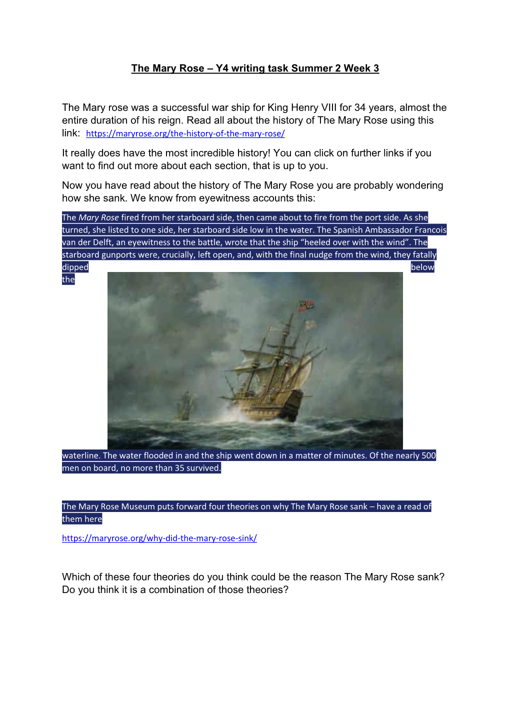 The Mary Rose – Y4 Writing Task Summer 2 Week 3 the Mary Rose