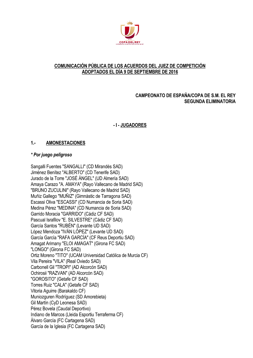 Comunicación Pública De Los Acuerdos Del Juez De Competición Adoptados El Día 9 De Septiembre De 2016