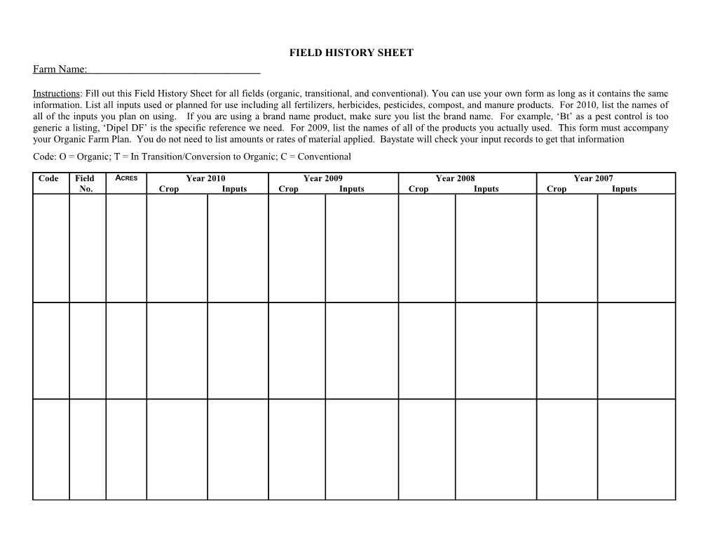 Field History Sheet