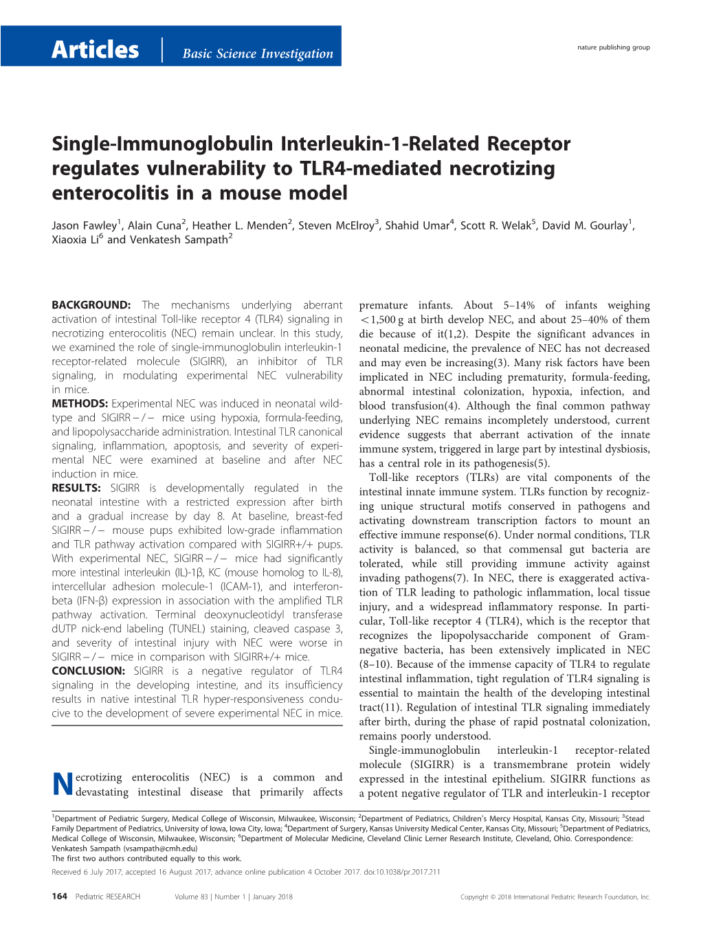 Single-Immunoglobulin Interleukin-1-Related Receptor Regulates Vulnerability to TLR4-Mediated Necrotizing Enterocolitis in a Mouse Model