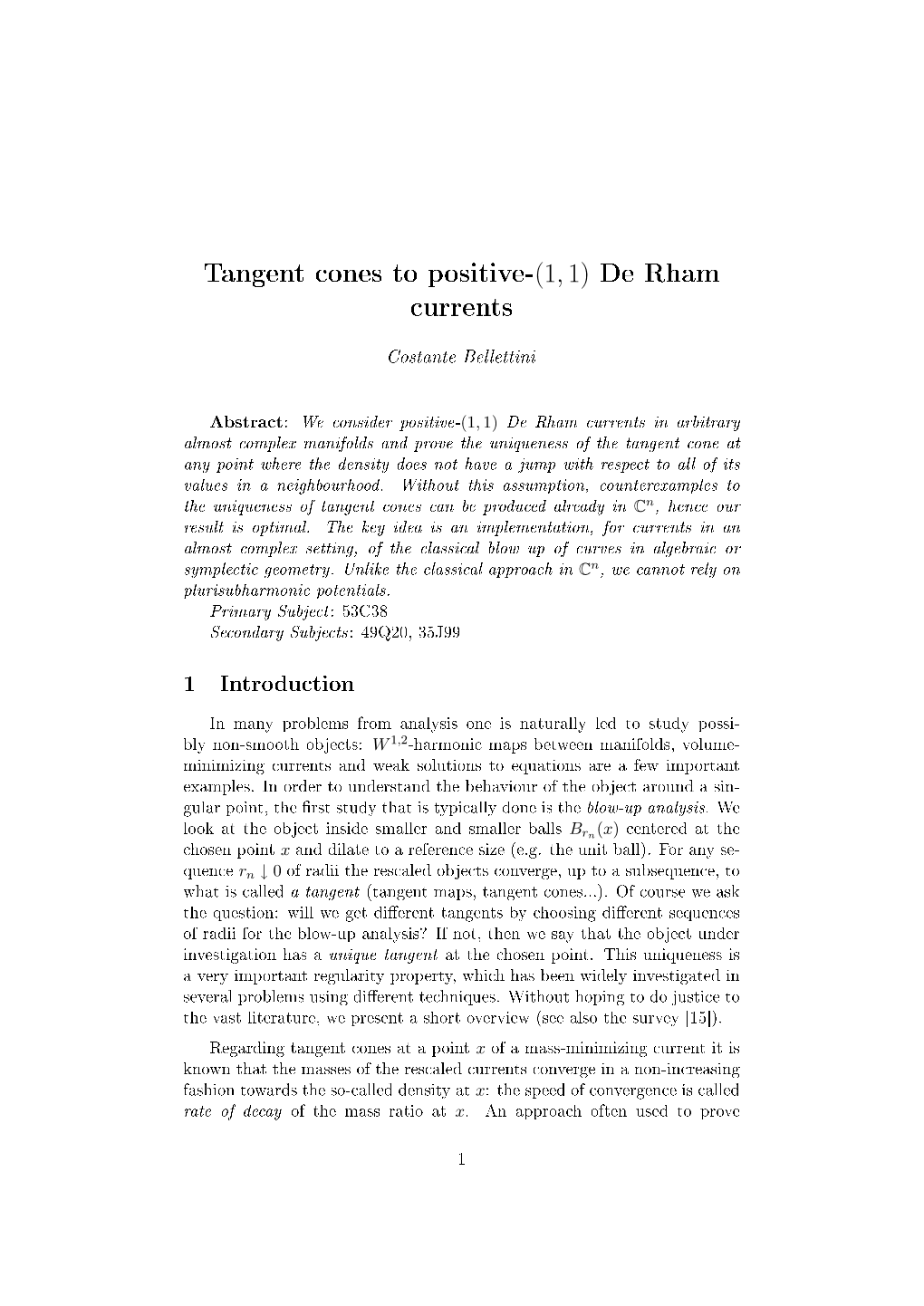 Tangent Cones to Positive-(1,1) De Rham Currents