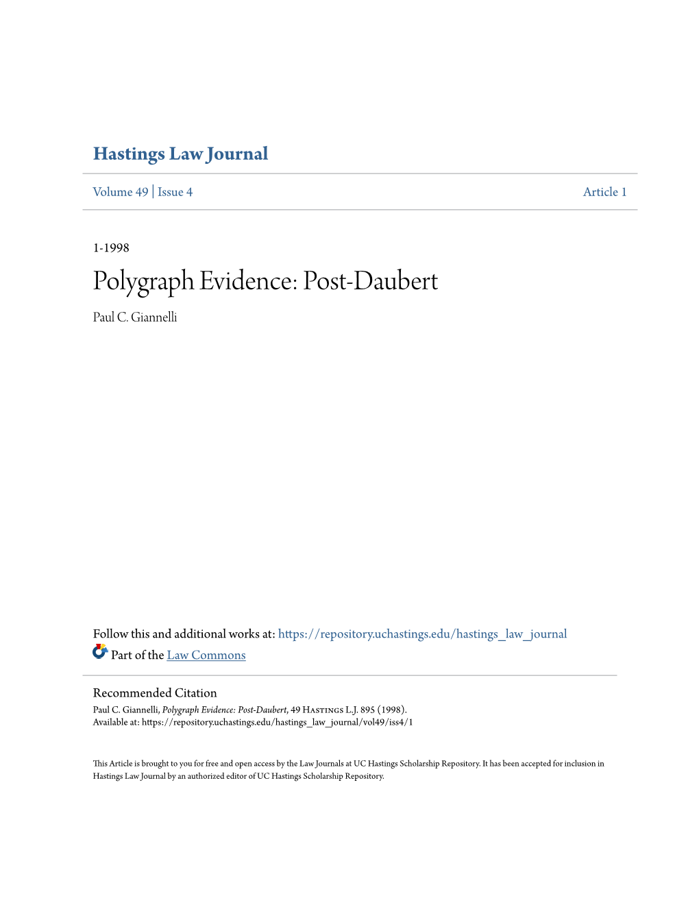 Polygraph Evidence: Post-Daubert Paul C
