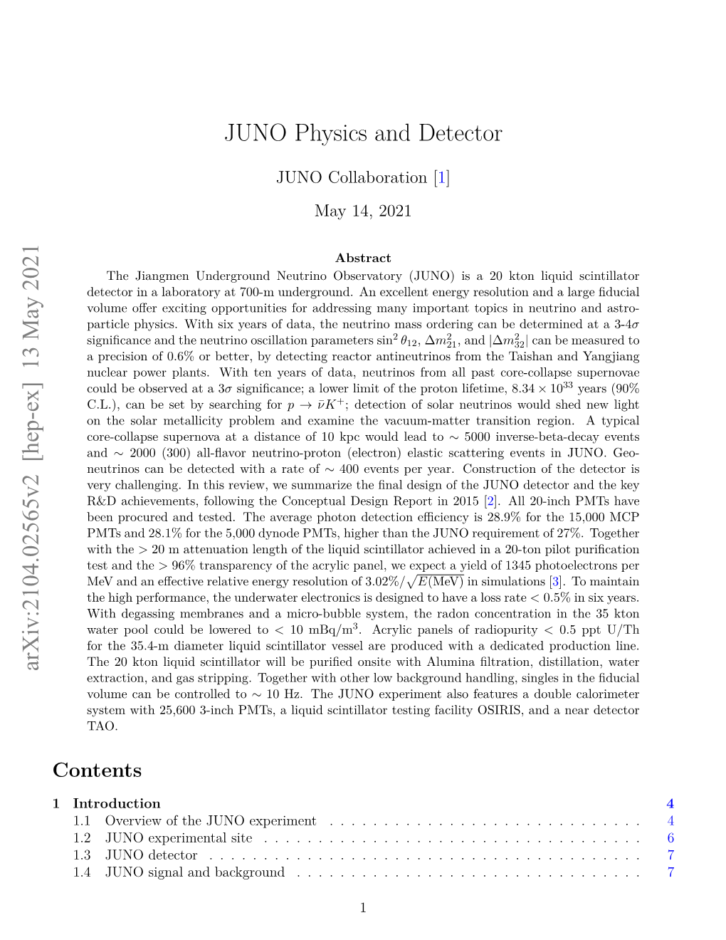 JUNO Physics and Detector Arxiv:2104.02565V2 [Hep-Ex] 13 May 2021