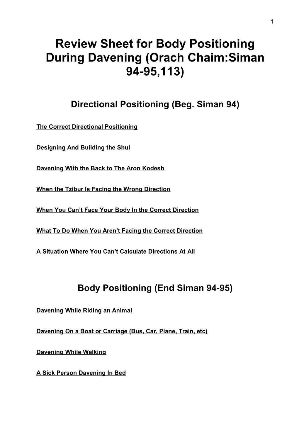 Review Sheet for Body Positioning During Davening (Orach Chaim:Siman 94-95,113)