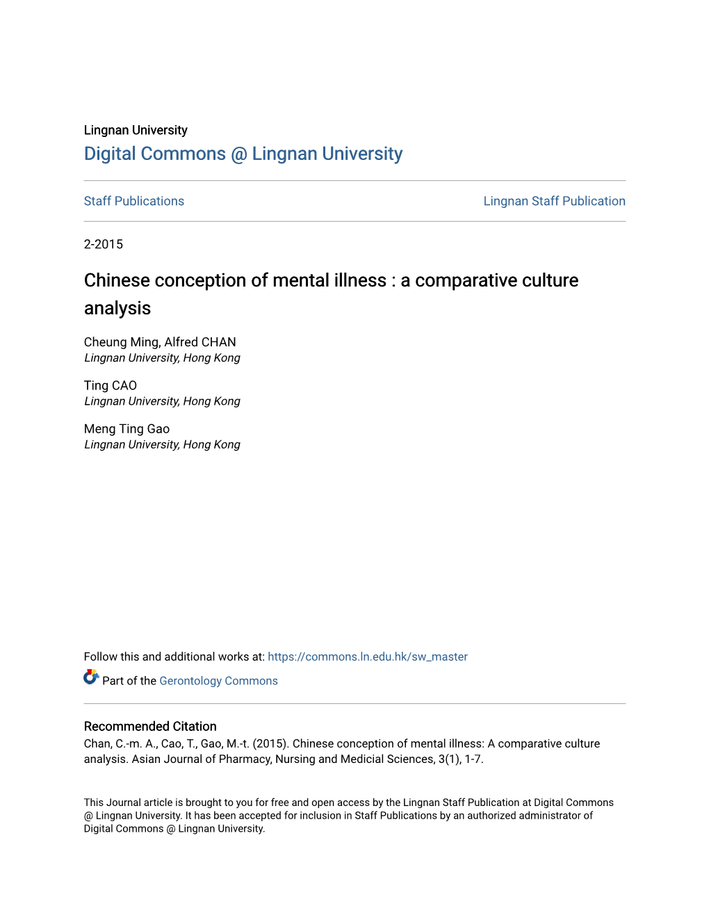 Chinese Conception of Mental Illness : a Comparative Culture Analysis