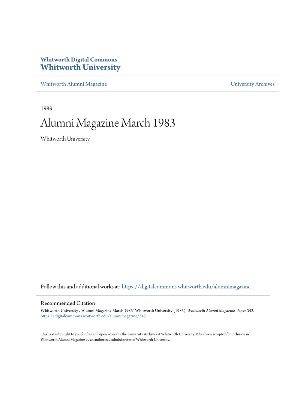 Alumni Magazine March 1983 Whitworth University