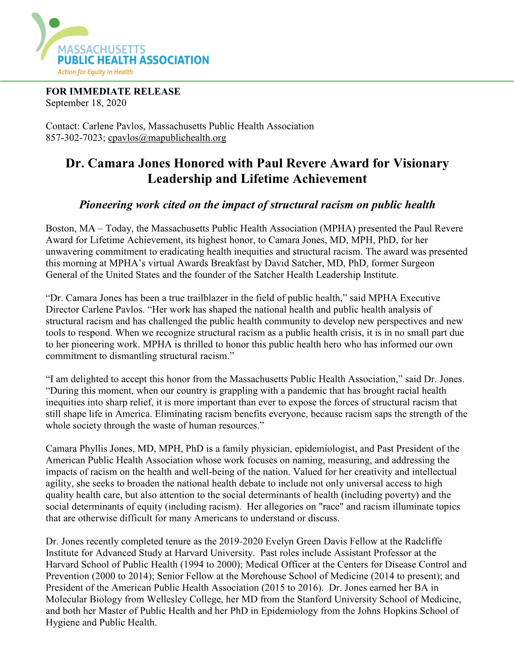 Dr. Camara Jones Honored with Paul Revere Award for Visionary Leadership and Lifetime Achievement