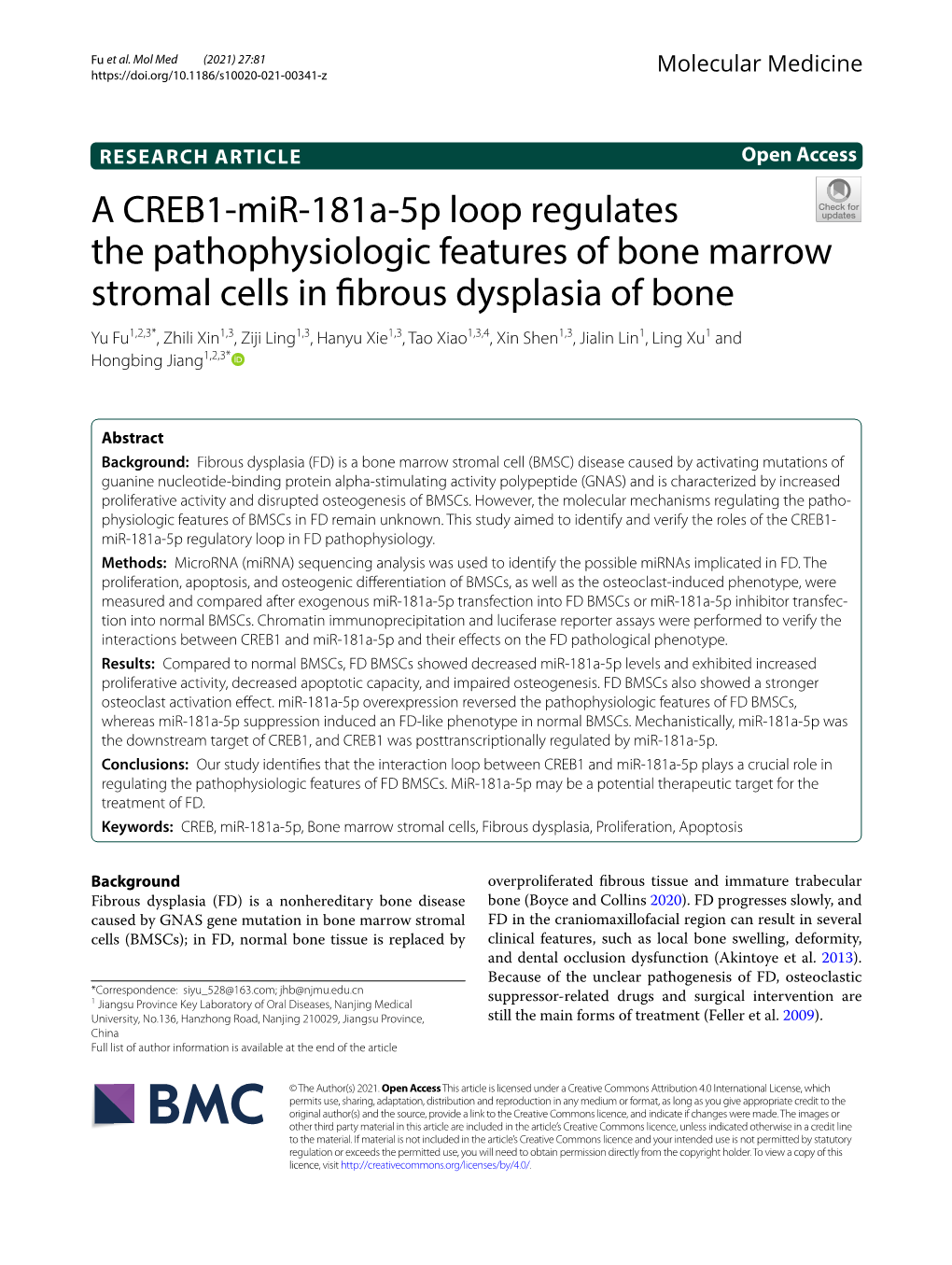 A CREB1-Mir-181A-5P Loop Regulates the Pathophysiologic Features of Bone Marrow Stromal Cells in Fibrous Dysplasia of Bone