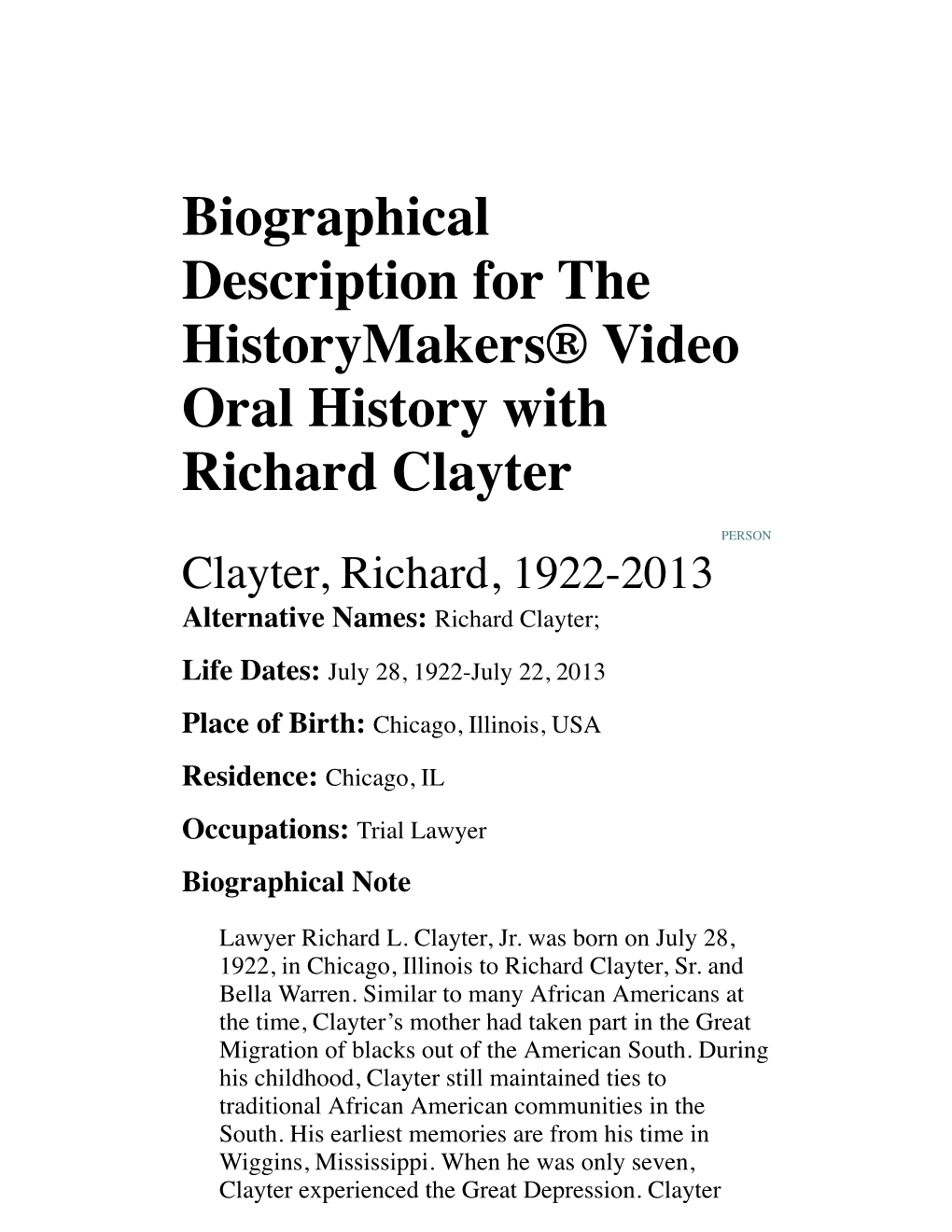 Biographical Description for the Historymakers® Video Oral History with Richard Clayter