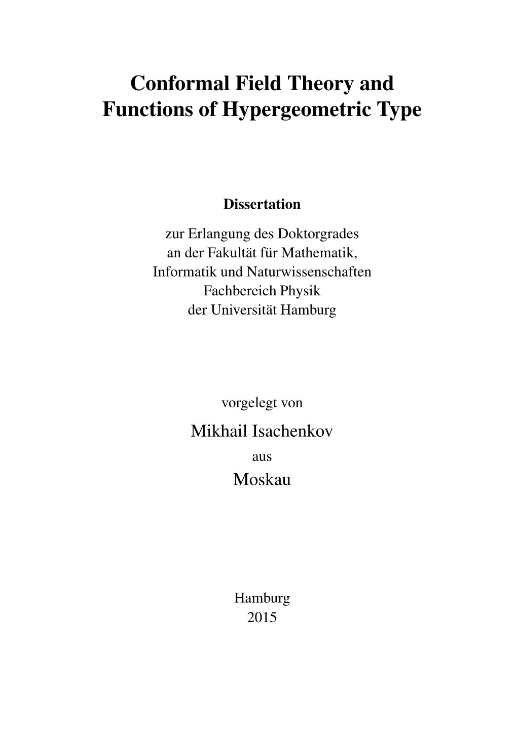 Conformal Field Theory and Functions of Hypergeometric Type