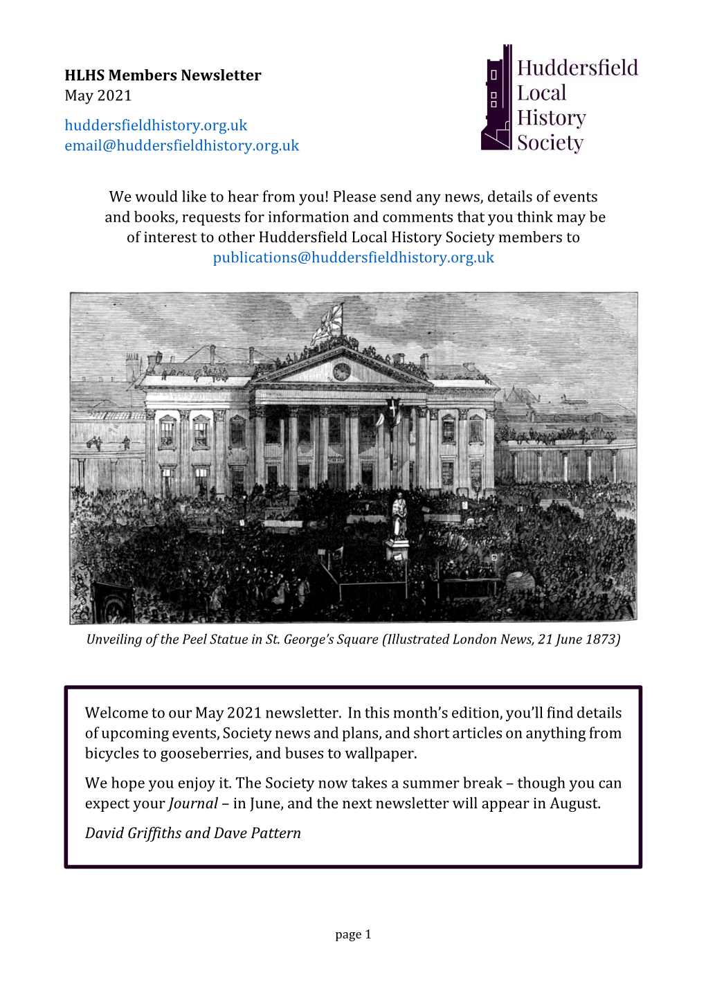 HLHS Members Newsletter May 2021 Huddersfieldhistory.Org.Uk Email@Huddersfieldhistory.Org.Uk