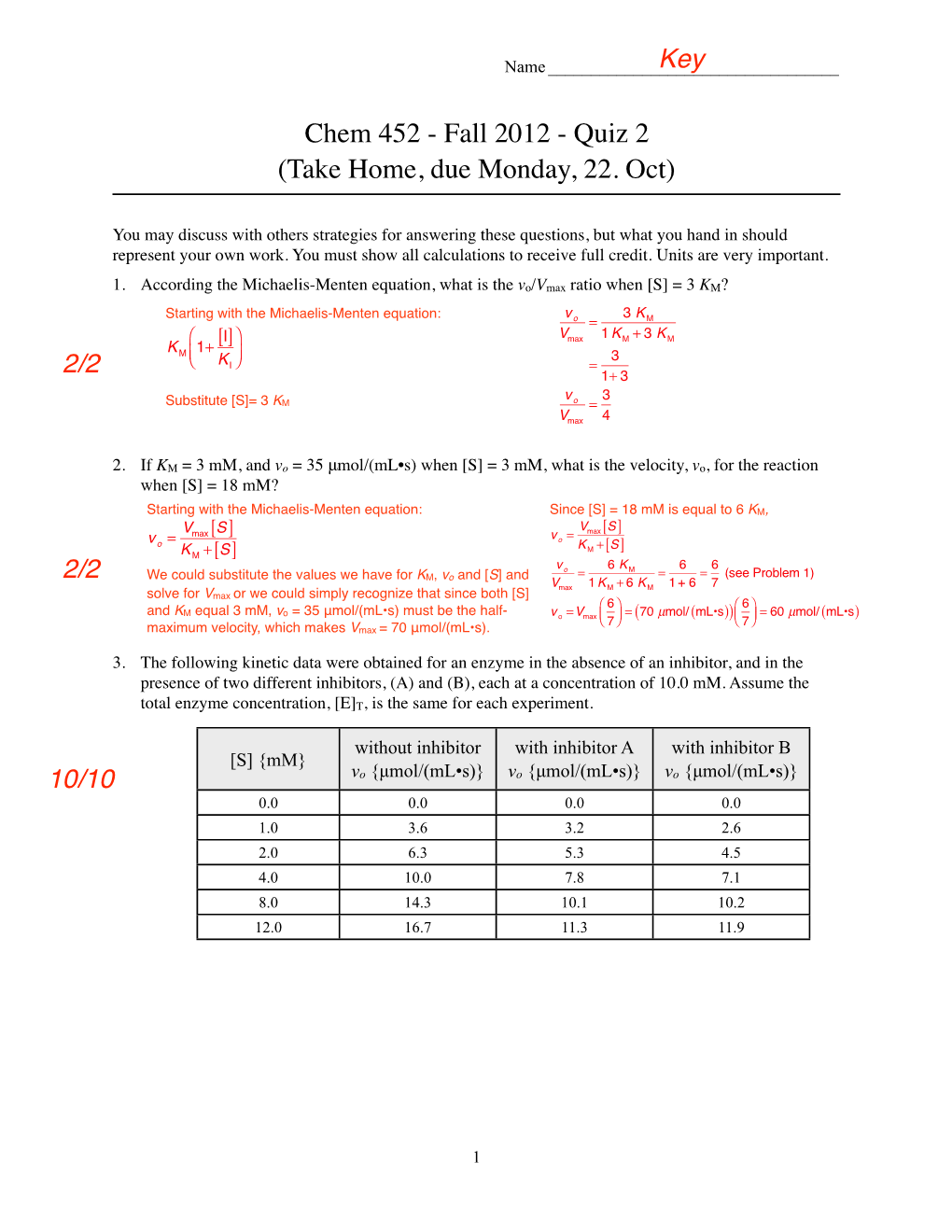 Chem 452 - Fall 2012 - Quiz 2 (Take Home, Due Monday, 22