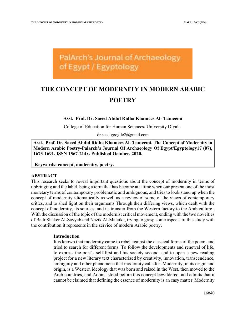 The Concept of Modernity in Modern Arabic Poetry Pjaee, 17 (07) (2020)