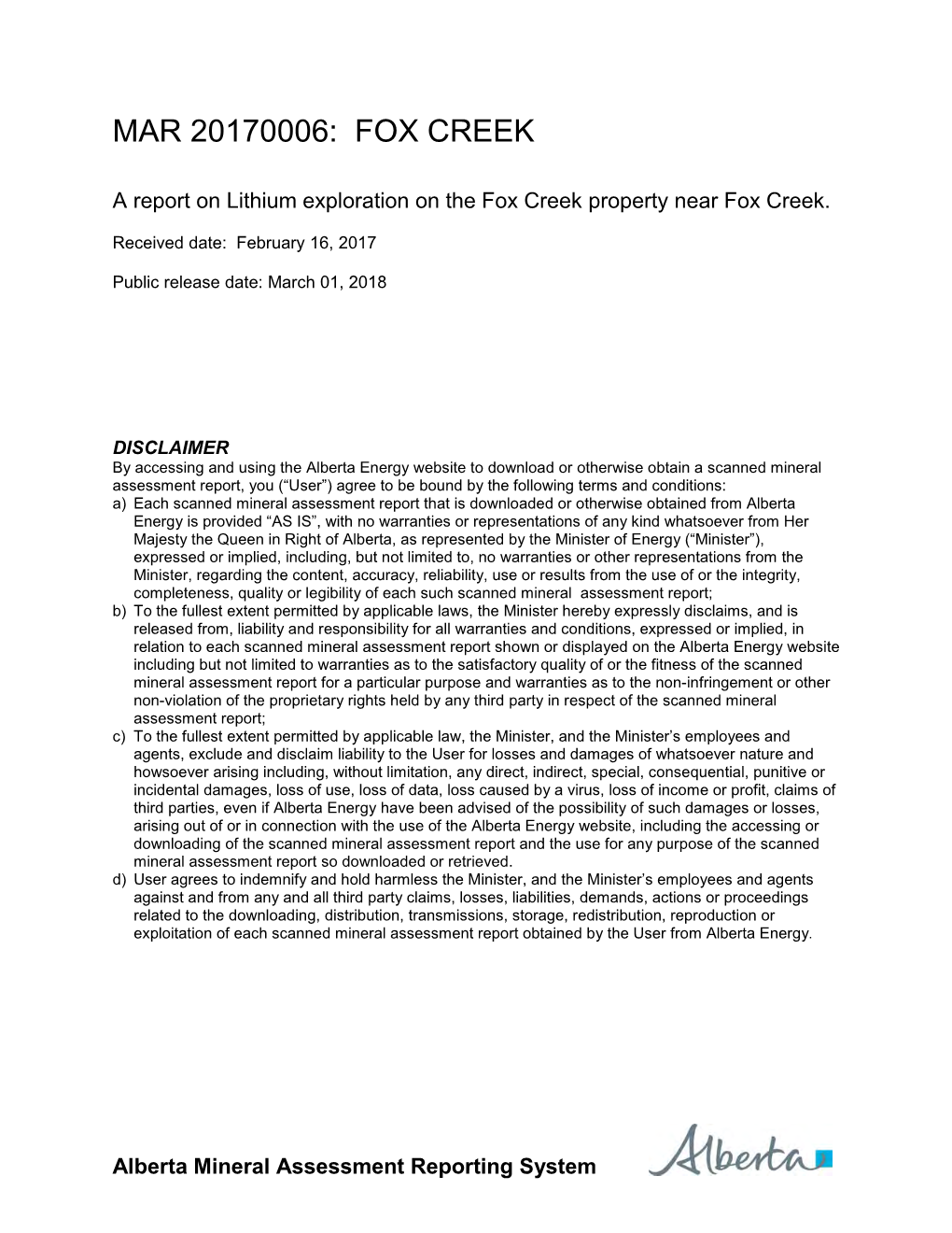 Fox Creek Assessment Report