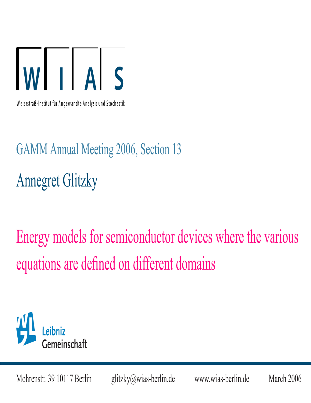 Annegret Glitzky Energy Models for Semiconductor Devices Where The
